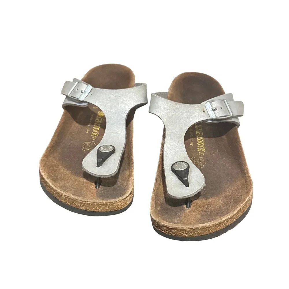 Birkenstock Gizeh Kids Silver Metallic Sandals Cork Footbed Girls Size 32 US 1‎